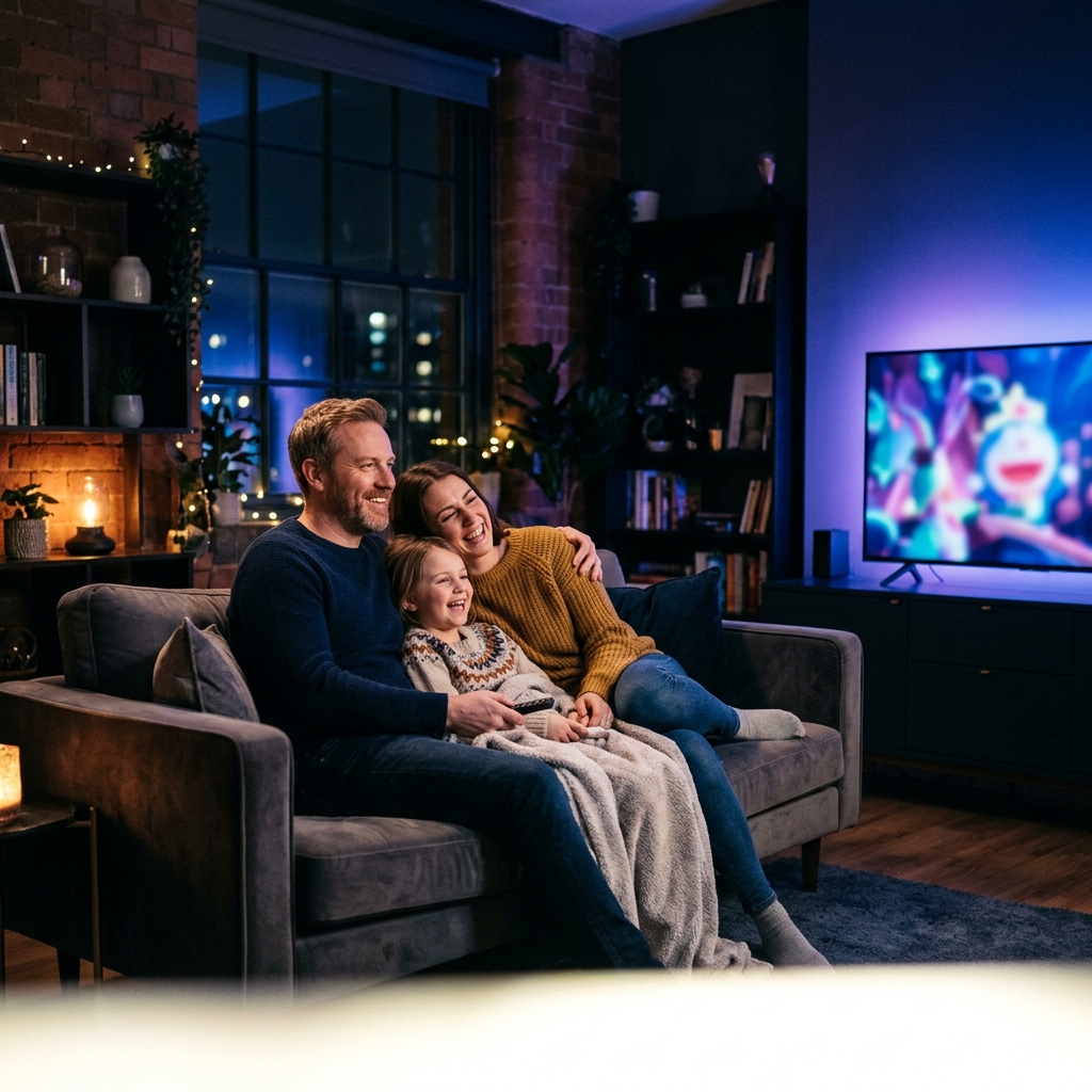 Family watching Vornic360 IPTV on TV
